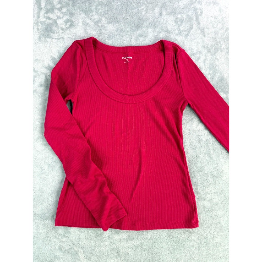 Old Navy Snug Long-Sleeve Top Womens XS Red Ribbed Knit Cotton Scoop Neck Preppy